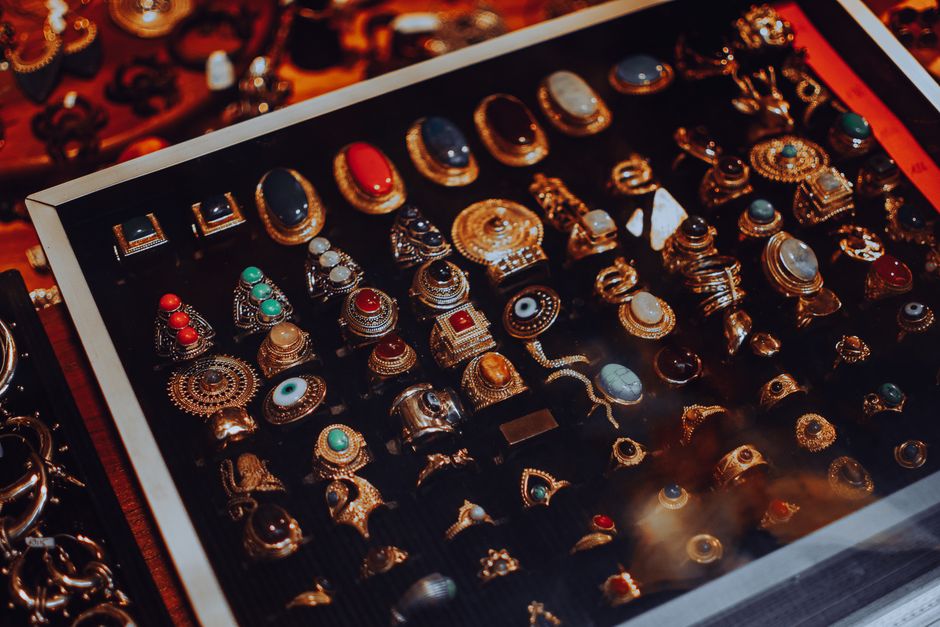 Antique gold jewelry pieces on display