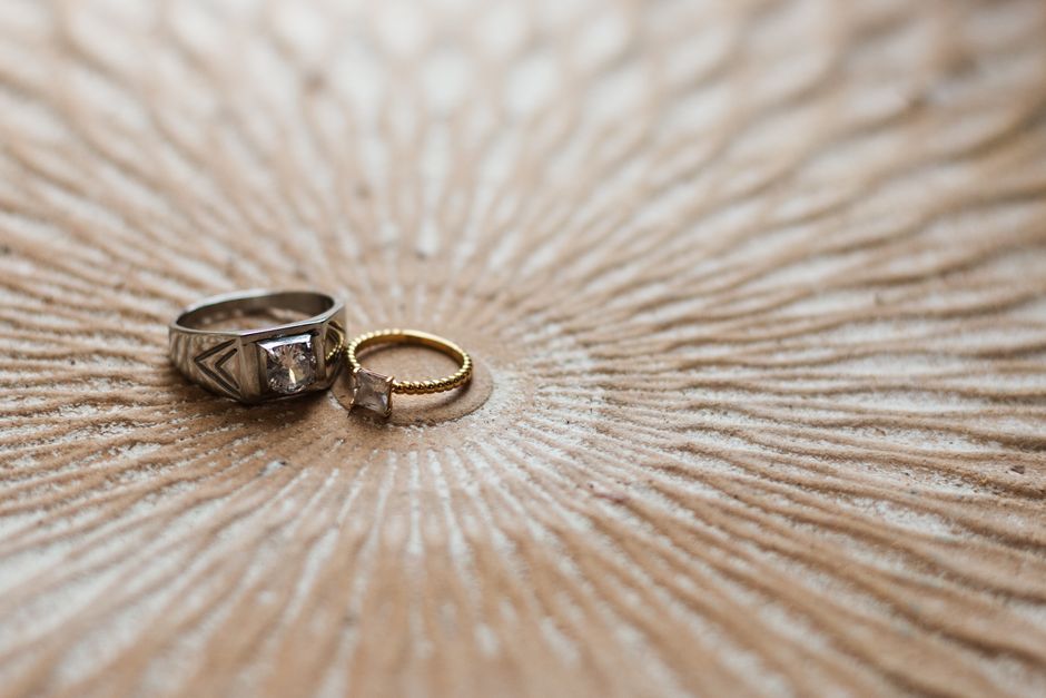 Rings with hammered and brushed metal finishes