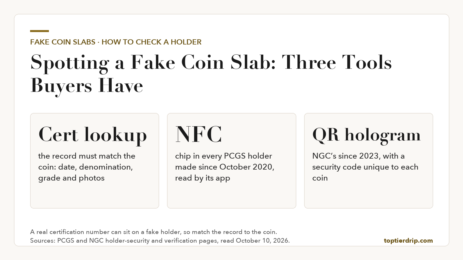 Summary graphic of three checks against fake coin slabs: a certification lookup matched to the coin, the NFC chip in PCGS holders since October 2020, and NGC’s QR-coded hologram introduced in 2023